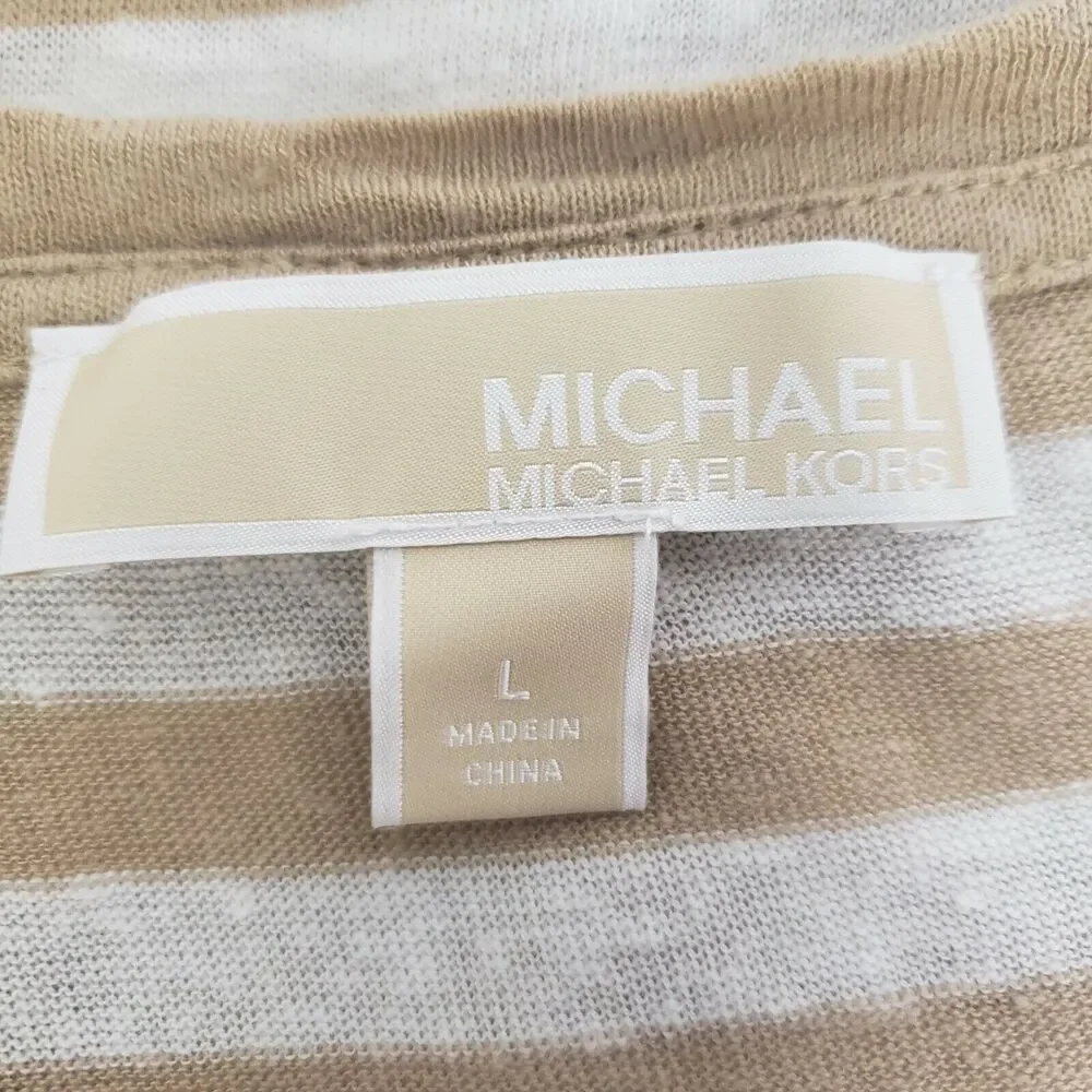 Michael Kors Women's Top Large Striped Linen Blend Beige Front Tie Short Sleeve